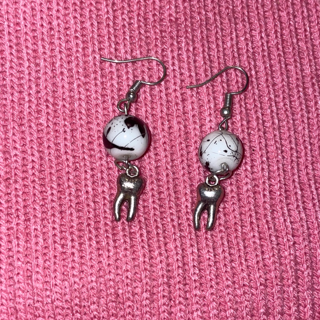 Unique Tooth Dangle Earrings With Black And White Beads